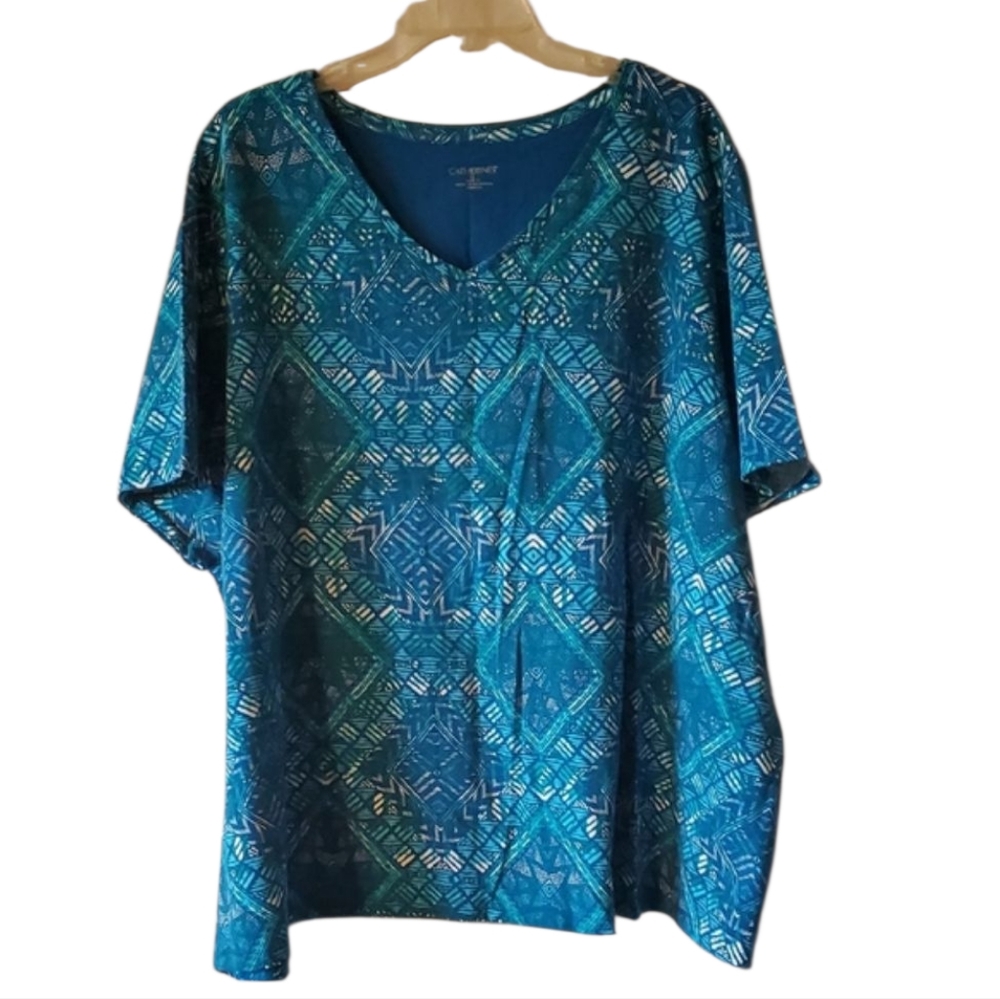 Catherines Geometric Blue Women's V-neck 3X short sleeve Top Excellent condition